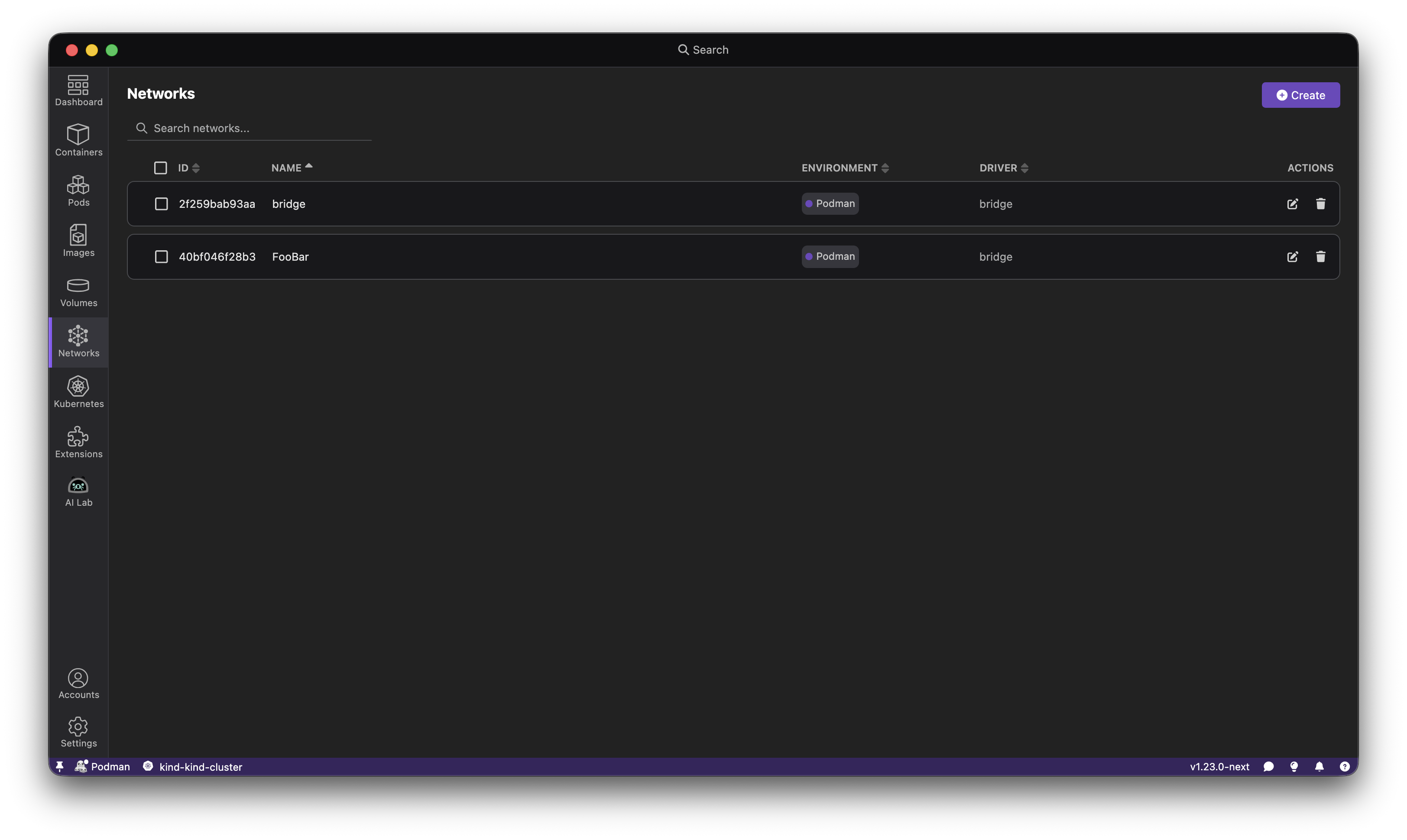 Podman network tab