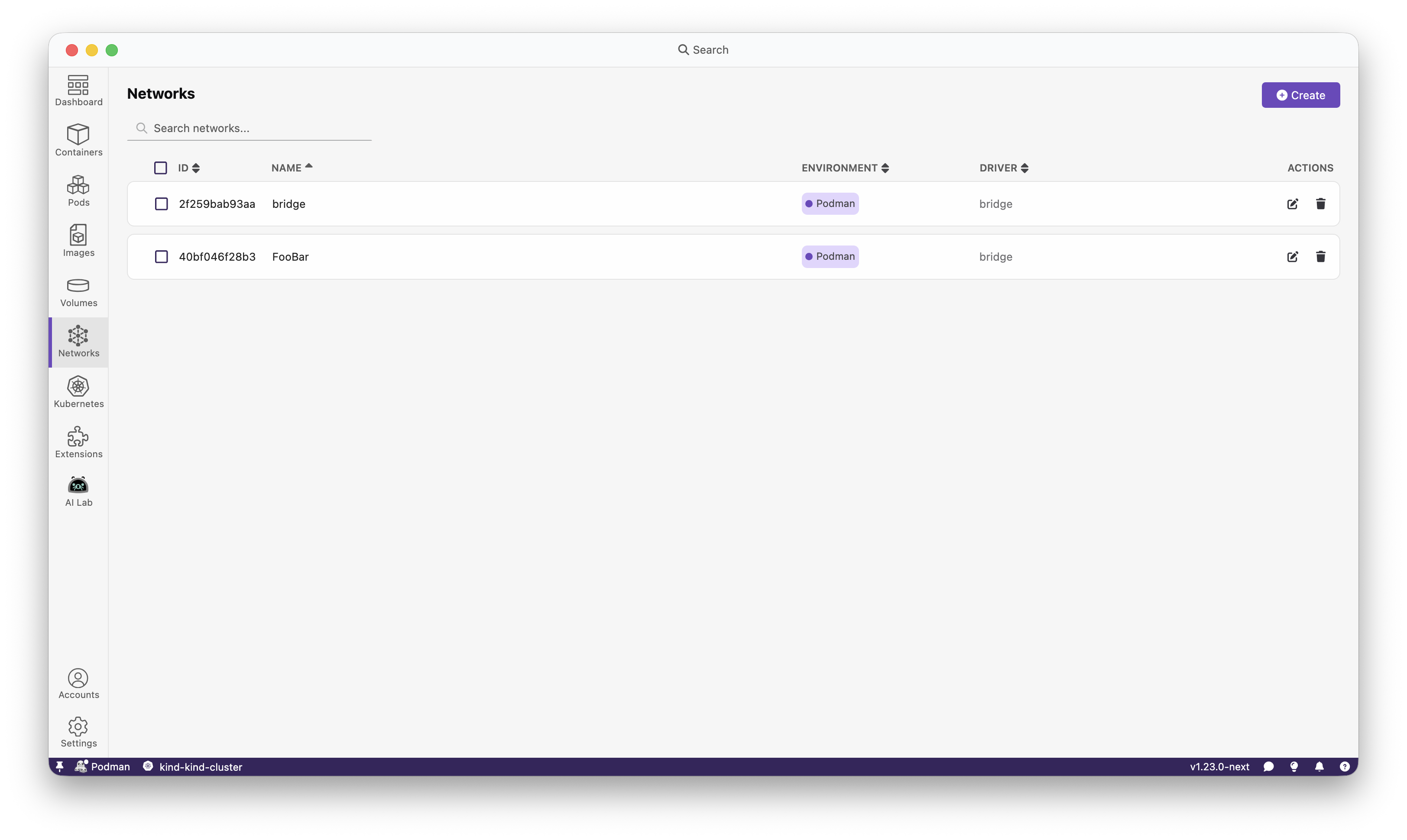 Podman network tab